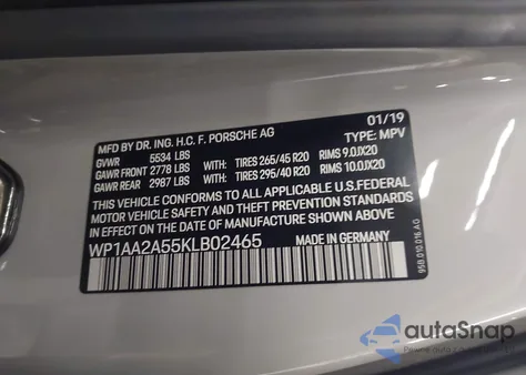 2019 Porsche Macan z USA, uszkodzony, nr VIN WP1AA2A55KLB02465